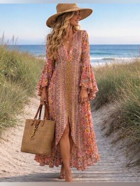 Aratta Feelings Dress M Boho Floral Bell Sleeve High Low Resort Maxi